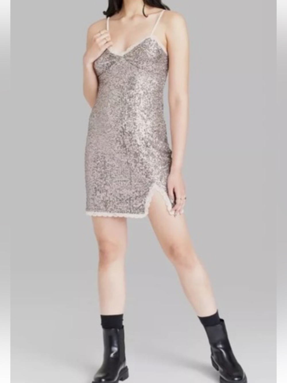 wild fable Champagne Sequin Lace-Trim Slip Dress